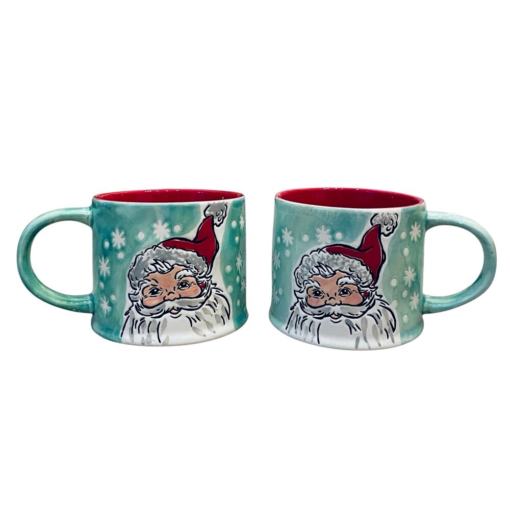 2pc Eli+Ana Christmas Mugs Green Smiling Sammy Santa Ceramic 2023 16oz Holiday